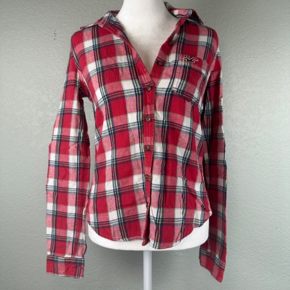 Hollister Red Plaid Flannel Shirt Size S Button Front Cotton Indie Grunge Casual